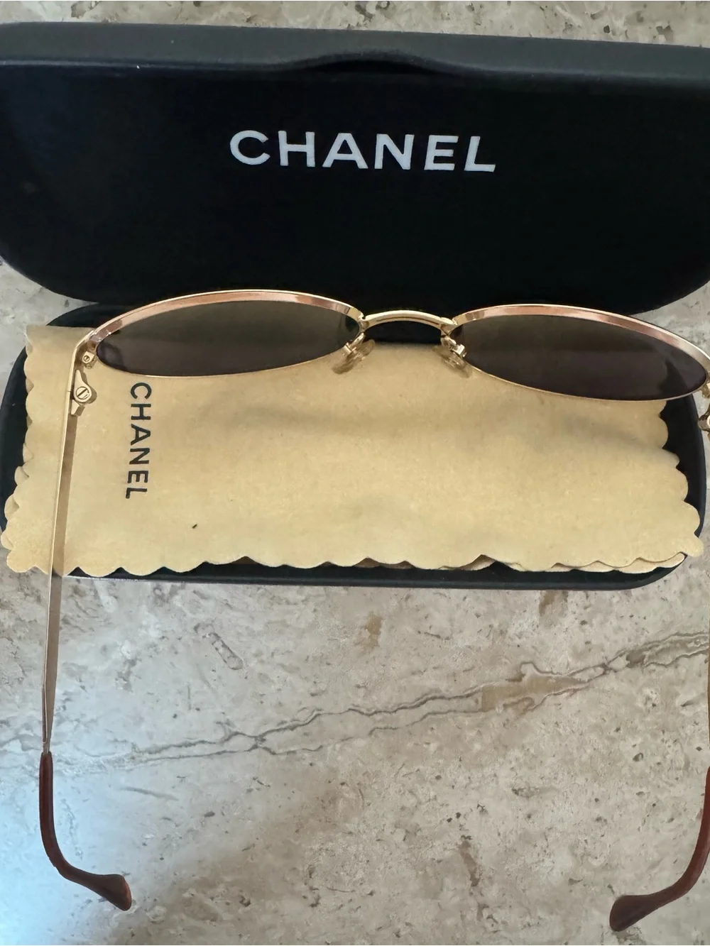 CHANEL Vintage Gold Frame Oval Smoke Lens Sunglasses